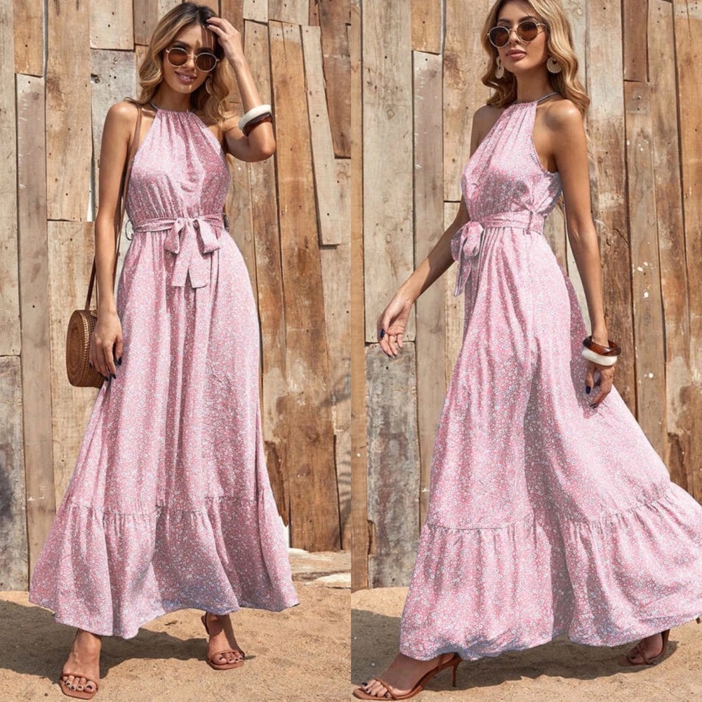 Boho floral print maxi dress halter ruffle blue - Picture 4 of 5